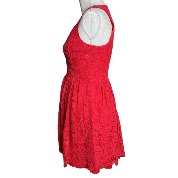 Lulus Lace Dress S Allover Surplice V-Neck A-Line Skater Eyelash Scalloped Red - Picture 6 of 13